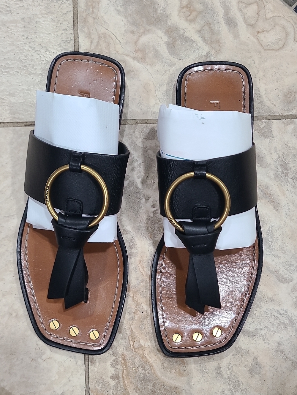 Frame Denim Black Leather Slide Sandals with Gold Ring
